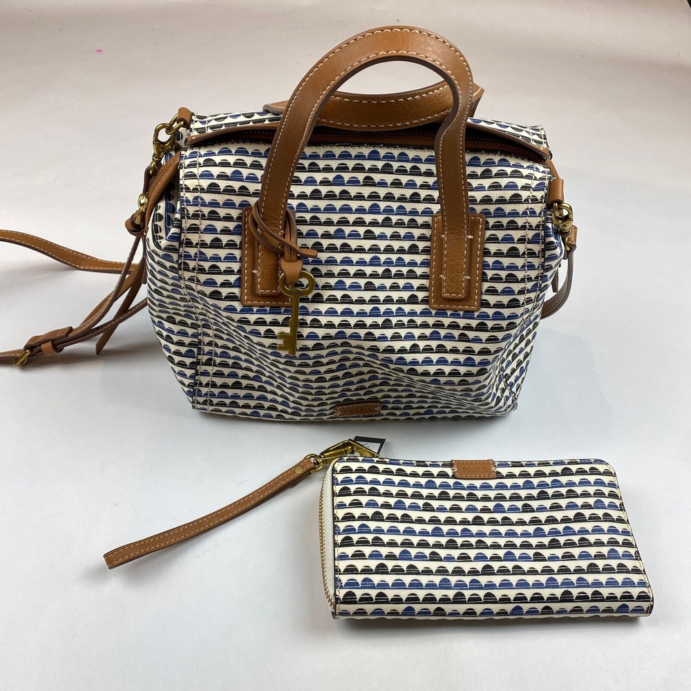 Fossil Emma Satchel Handbag Purse With Matching NWT Wallet, Blue Black Print